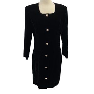 Vintage Susan Bennett black velvet knee length dress size L-XL Dark academia coc
